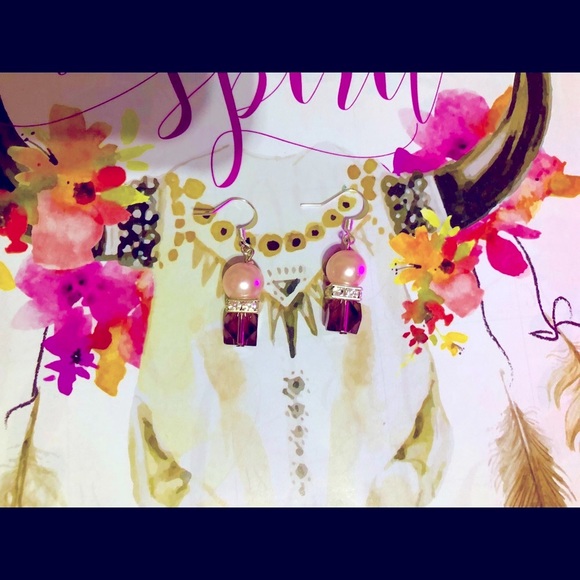 AMETHYST CRYSTAL PINK BLUSH PEARL EARRINGS VINTAGE - Picture 2 of 3